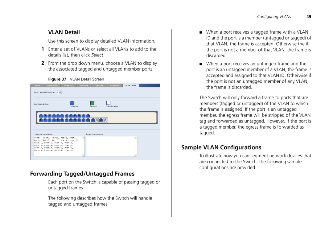 3Com 2250-SFP, 2226-SFP, 2426-PWR manual Forwarding Tagged/Untagged Frames, Sample Vlan Configurations, Vlan Detail 