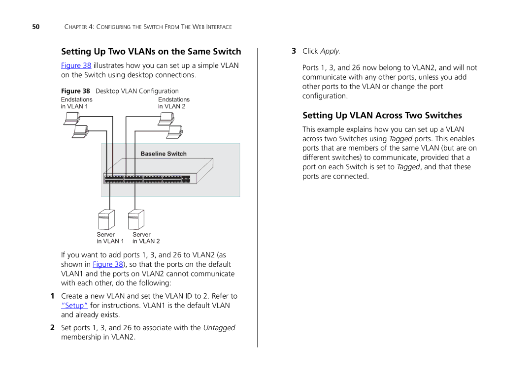 3Com 2426-PWR, 2226-SFP, 2250-SFP manual Setting Up Two VLANs on the Same Switch, Setting Up Vlan Across Two Switches 