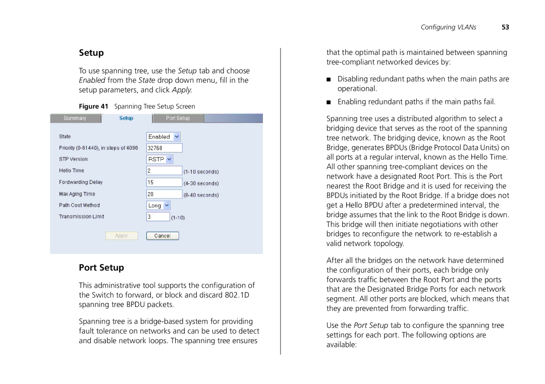 3Com 2426-PWR, 2226-SFP, 2250-SFP manual Port Setup, Spanning Tree Setup Screen 