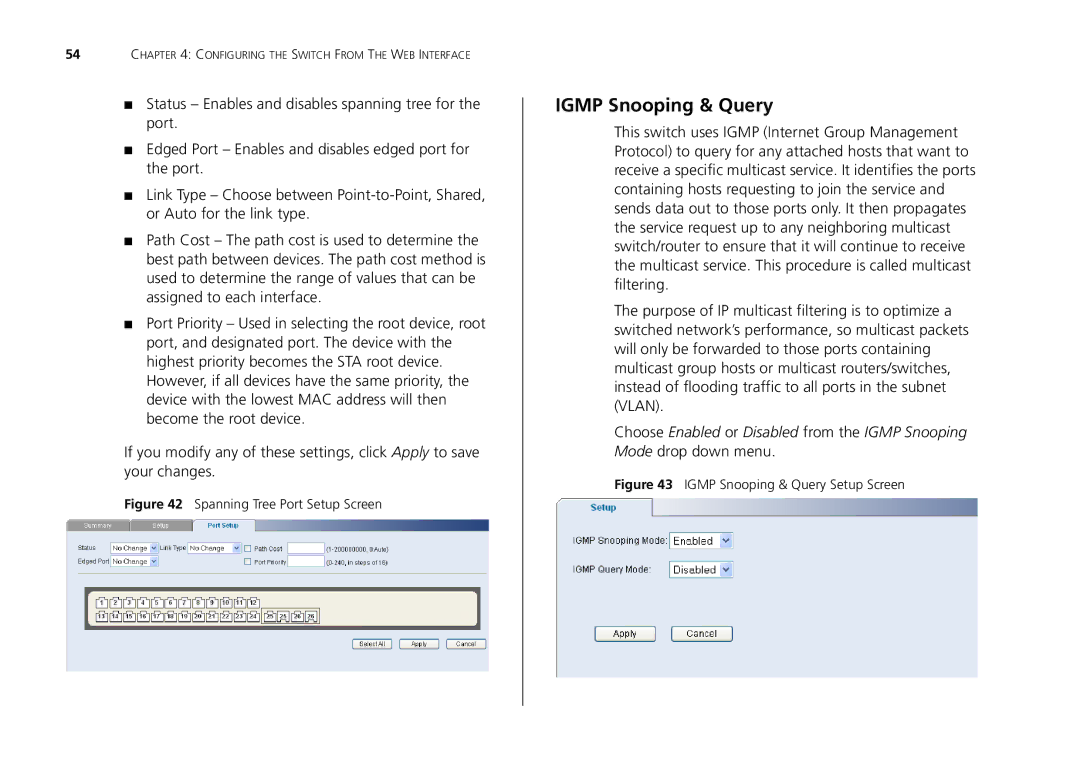 3Com 2226-SFP, 2250-SFP, 2426-PWR manual Igmp Snooping & Query, Spanning Tree Port Setup Screen 