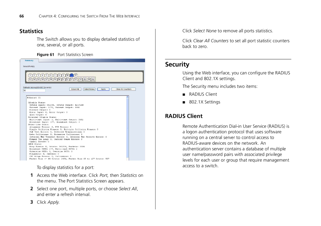 3Com 2226-SFP, 2250-SFP, 2426-PWR manual Security, Statistics, Radius Client 