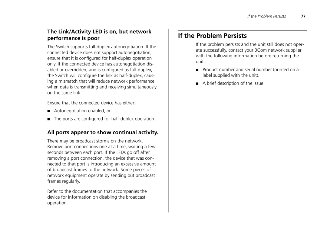 3Com 2426-PWR, 2226-SFP, 2250-SFP manual If the Problem Persists, Link/Activity LED is on, but network performance is poor 