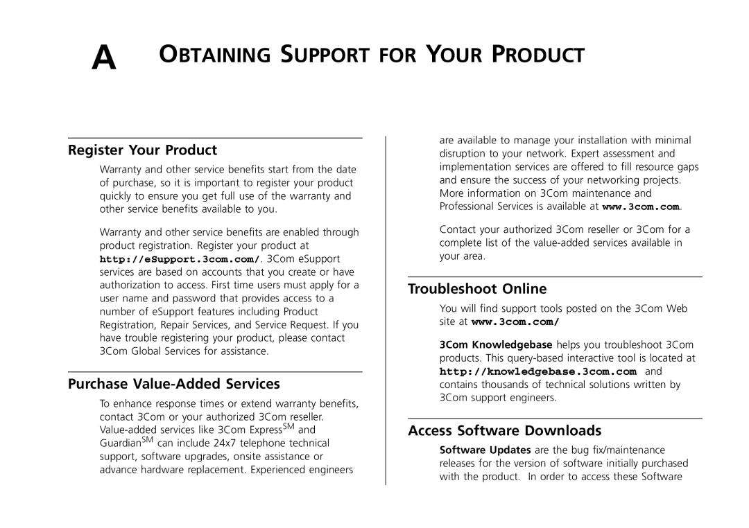 3Com 2250-SFP manual Register Your Product, Purchase Value-Added Services, Troubleshoot Online Access Software Downloads 