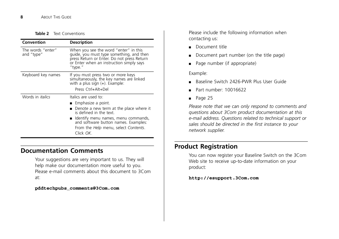 3Com 2426-PWR, 2226-SFP, 2250-SFP manual Documentation Comments, Product Registration 