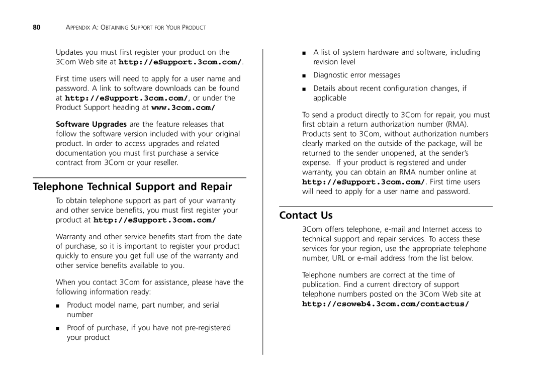 3Com 2426-PWR, 2226-SFP, 2250-SFP manual Telephone Technical Support and Repair, Contact Us 