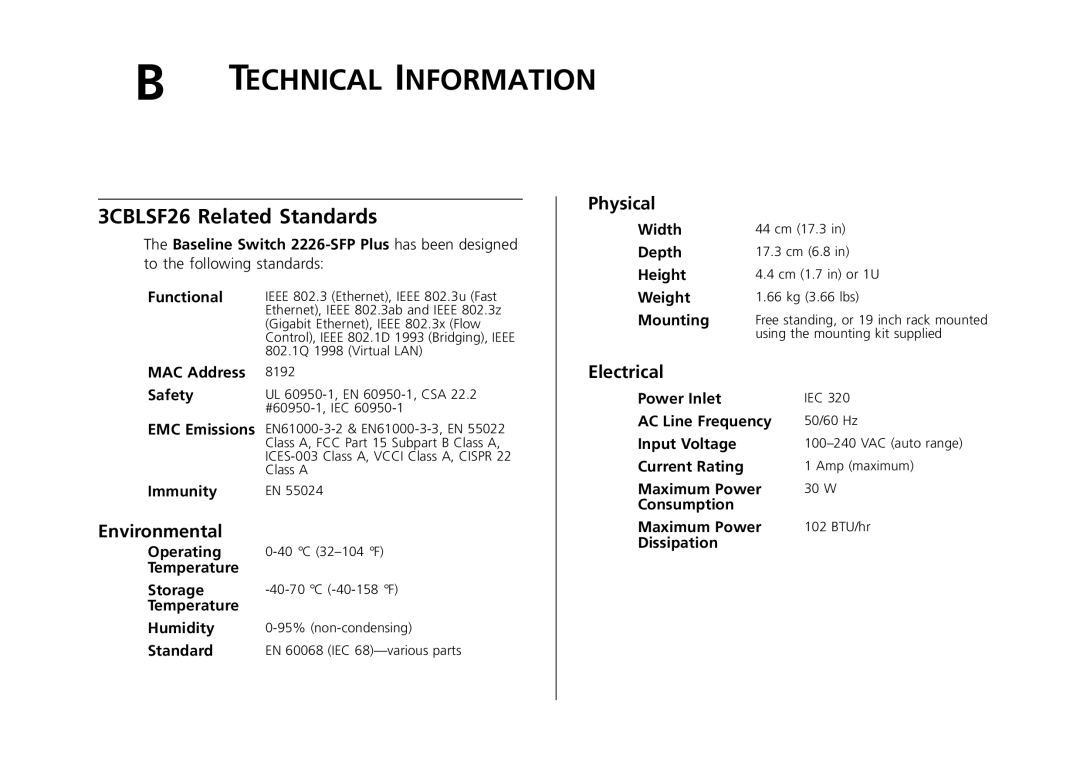 3Com 2426-PWR, 2226-SFP, 2250-SFP manual 3CBLSF26 Related Standards, Environmental, Physical, Electrical 