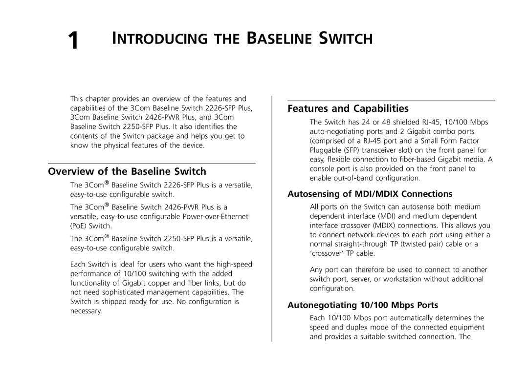 3Com 2226-SFP, 2250-SFP Overview of the Baseline Switch, Features and Capabilities, Autosensing of MDI/MDIX Connections 