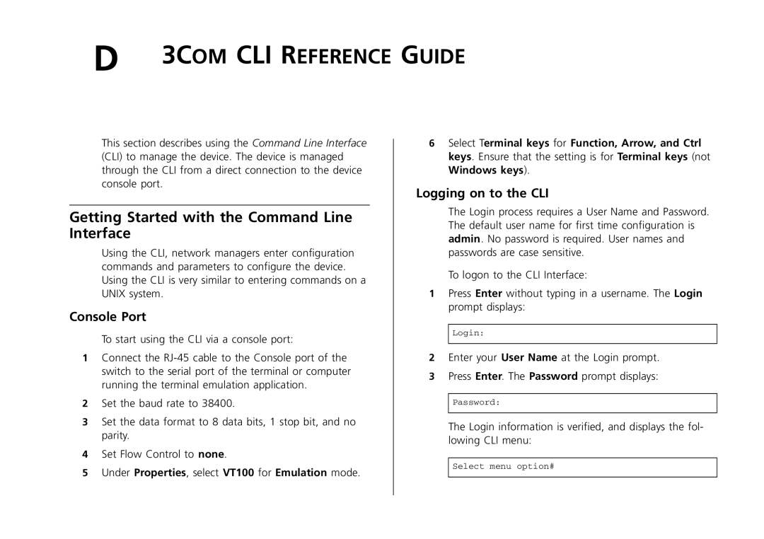 3Com 2250-SFP, 2226-SFP, 2426-PWR manual Getting Started with the Command Line Interface, Console Port, Logging on to the CLI 