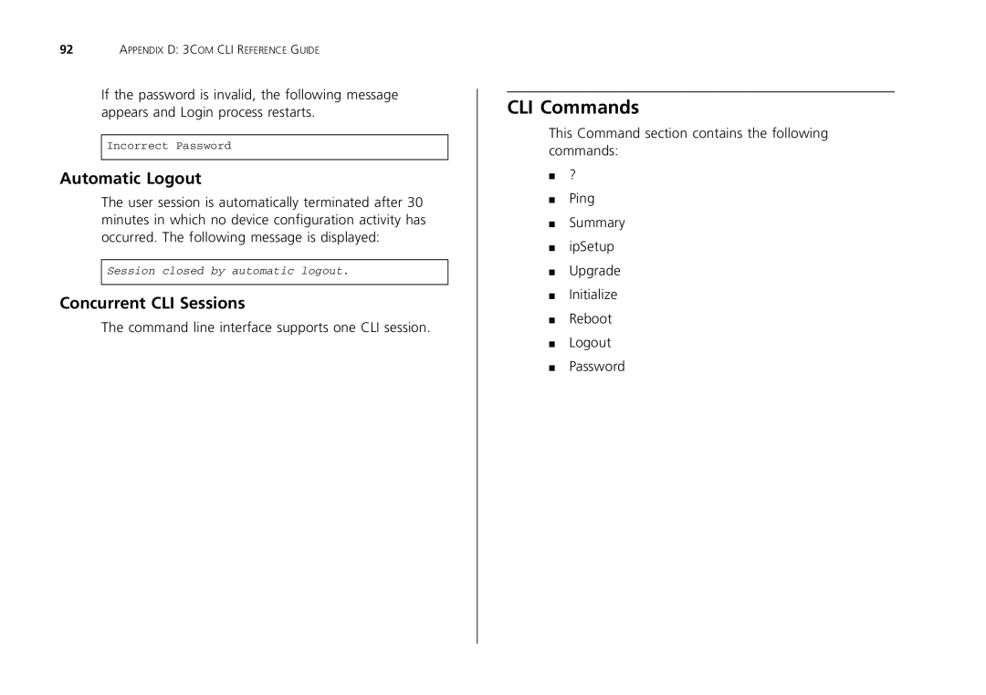 3Com 2426-PWR, 2226-SFP, 2250-SFP manual CLI Commands, Automatic Logout, Concurrent CLI Sessions 