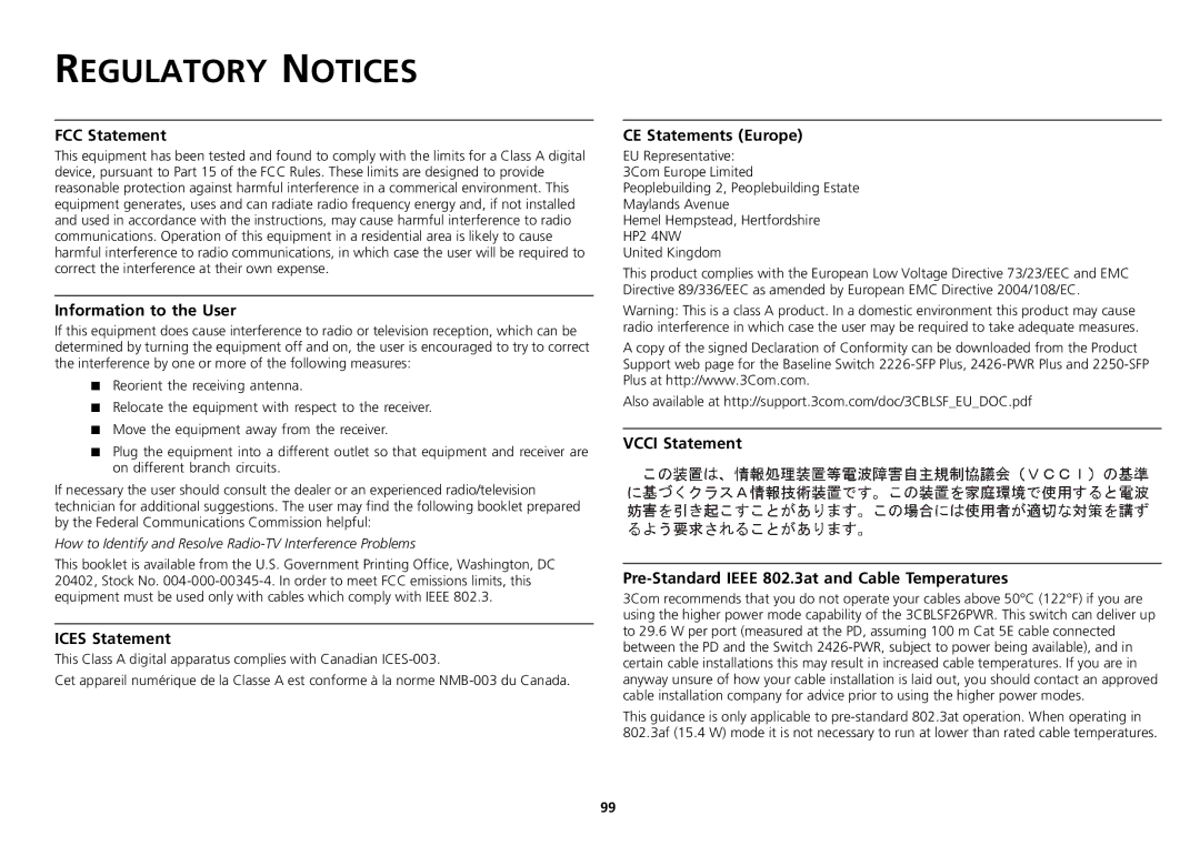 3Com 2226-SFP, 2250-SFP, 2426-PWR manual Regulatory Notices 