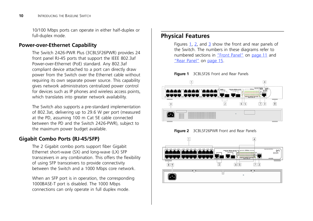 3Com 2250-SFP, 2226-SFP, 2426-PWR manual Physical Features, Power-over-Ethernet Capability, Gigabit Combo Ports RJ-45/SFP 