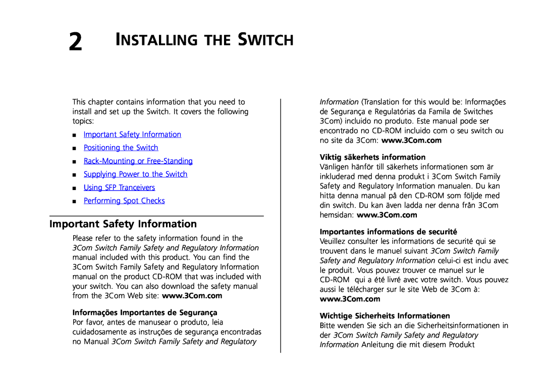 3Com 2426-PWR Installing The Switch, Important Safety Information Positioning the Switch, Viktig säkerhets information 