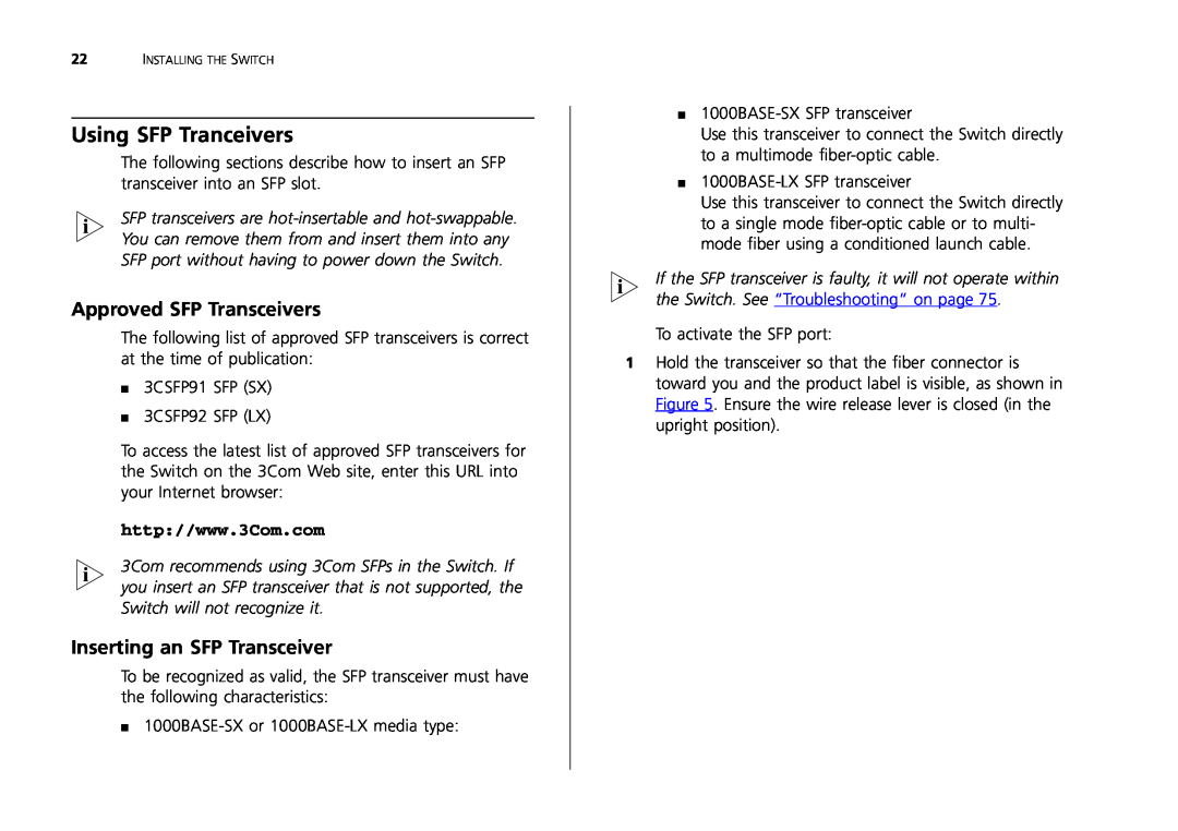 3Com 2250-SFP, 2226-SFP, 2426-PWR manual Using SFP Tranceivers, Approved SFP Transceivers, Inserting an SFP Transceiver 