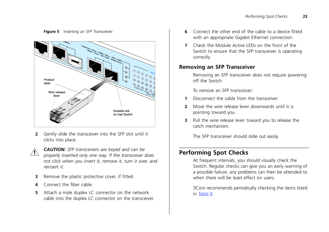 3Com 2426-PWR, 2226-SFP, 2250-SFP manual Performing Spot Checks, Removing an SFP Transceiver 