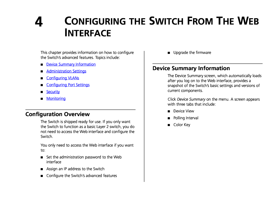3Com 2426-PWR, 2226-SFP Interface, Configuring The Switch From The Web, Configuration Overview, Device Summary Information 