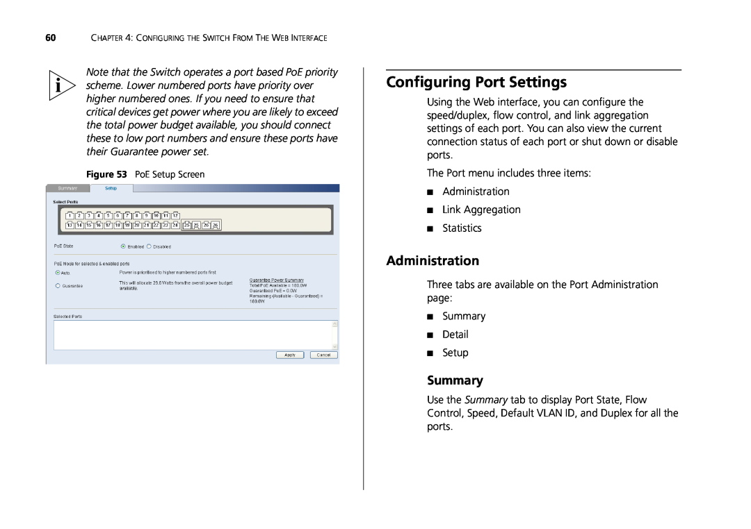 3Com 2226-SFP, 2250-SFP, 2426-PWR manual Configuring Port Settings, Administration, Summary 