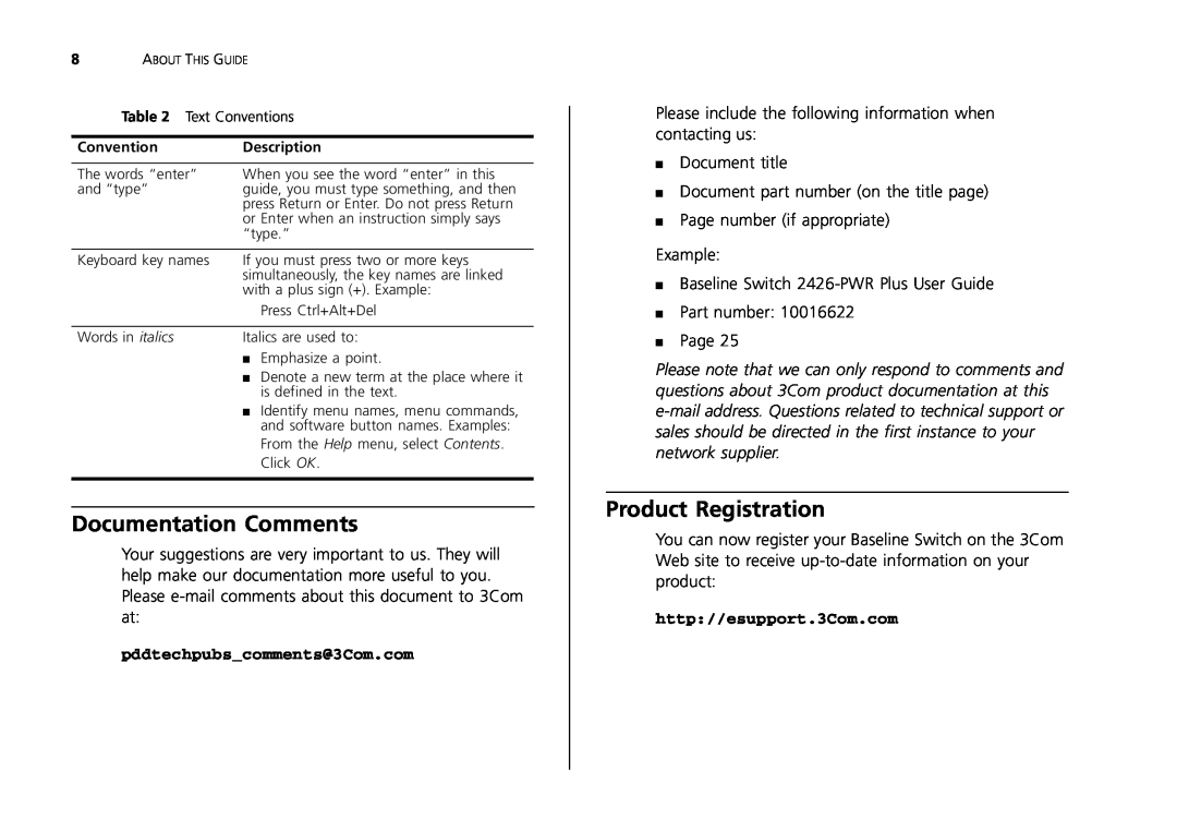 3Com 2426-PWR manual Documentation Comments, Product Registration, pddtechpubscomments@3Com.com, http//esupport.3Com.com 