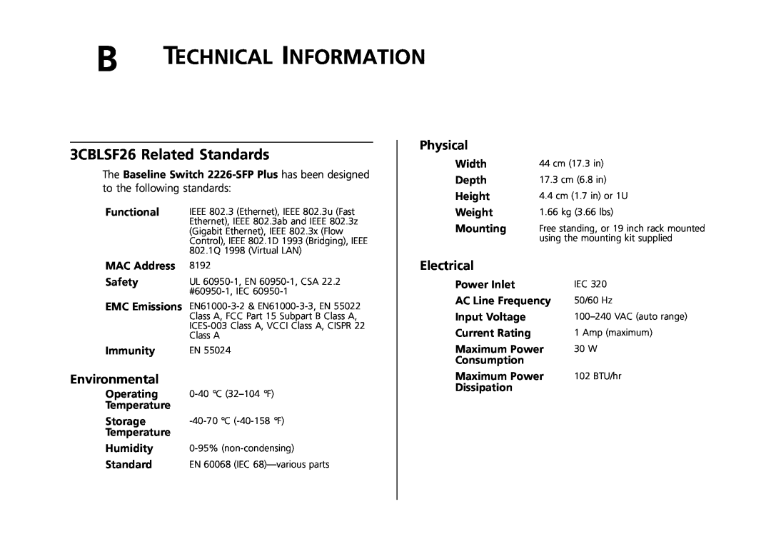 3Com 2426-PWR Technical Information, 3CBLSF26 Related Standards, Environmental, Physical, Electrical, Functional, Safety 