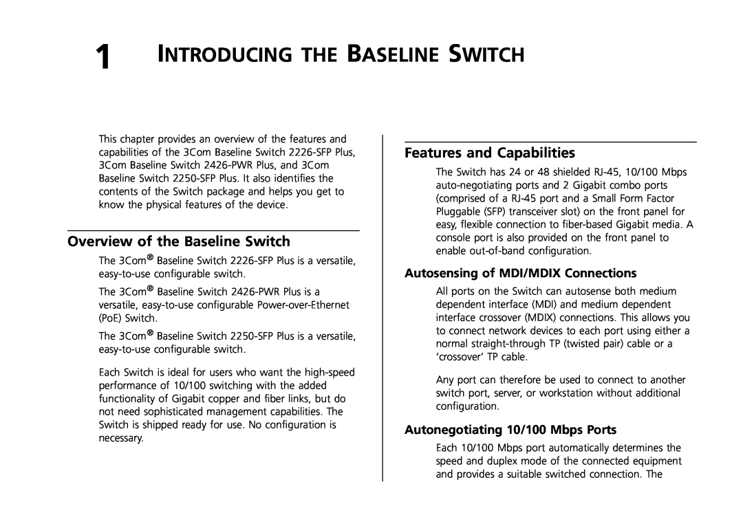 3Com 2226-SFP, 2250-SFP manual Introducing The Baseline Switch, Overview of the Baseline Switch, Features and Capabilities 