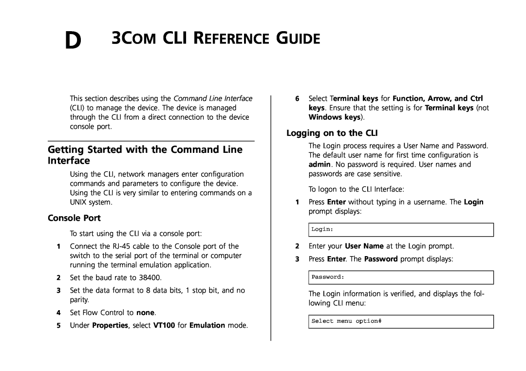 3Com 2250-SFP, 2226-SFP, 2426-PWR D 3COM CLI REFERENCE GUIDE, Getting Started with the Command Line Interface, Console Port 