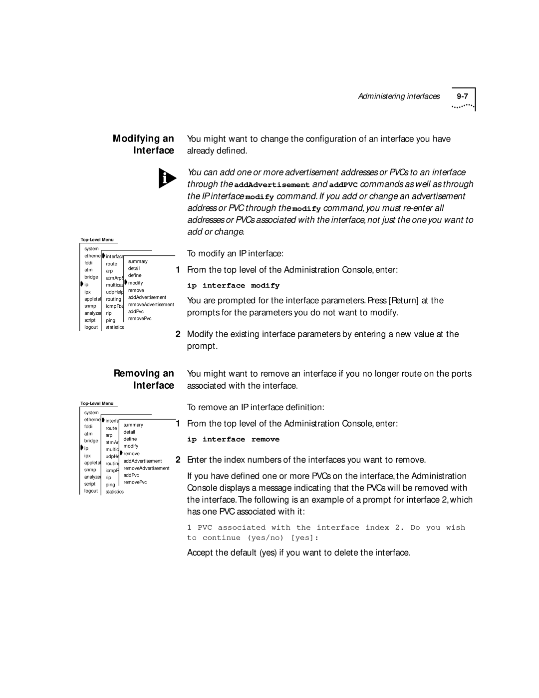 3Com 2500 manual Modifying an Interface, Removing an, Accept the default yes if you want to delete the interface 