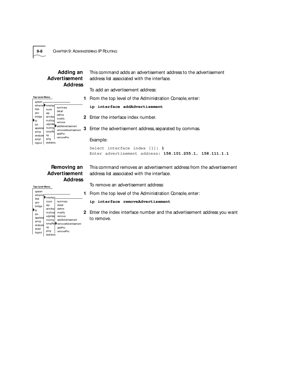 3Com 2500 manual Removing an Advertisement Address 