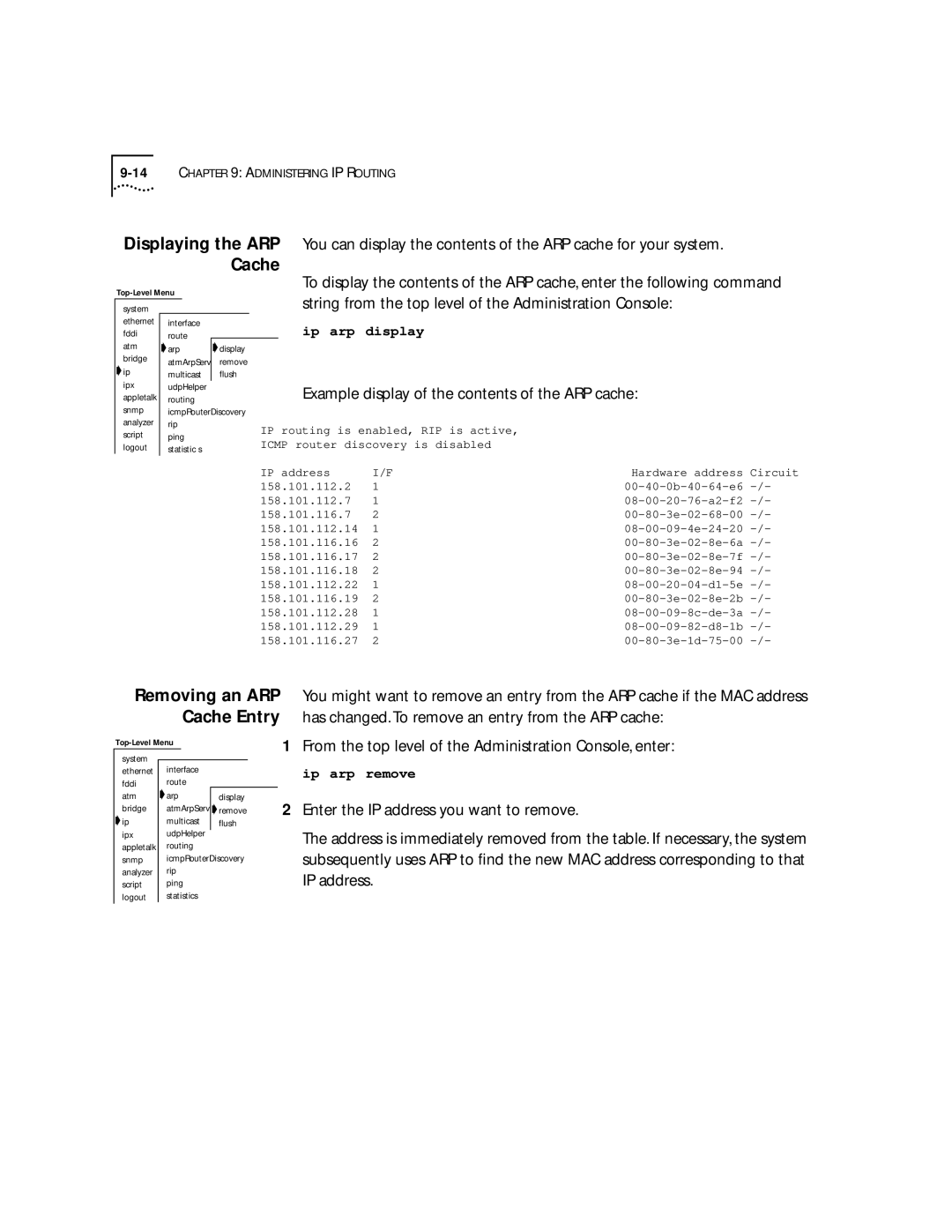 3Com 2500 Displaying the ARP, String from the top level of the Administration Console, Removing an ARP Cache Entry 