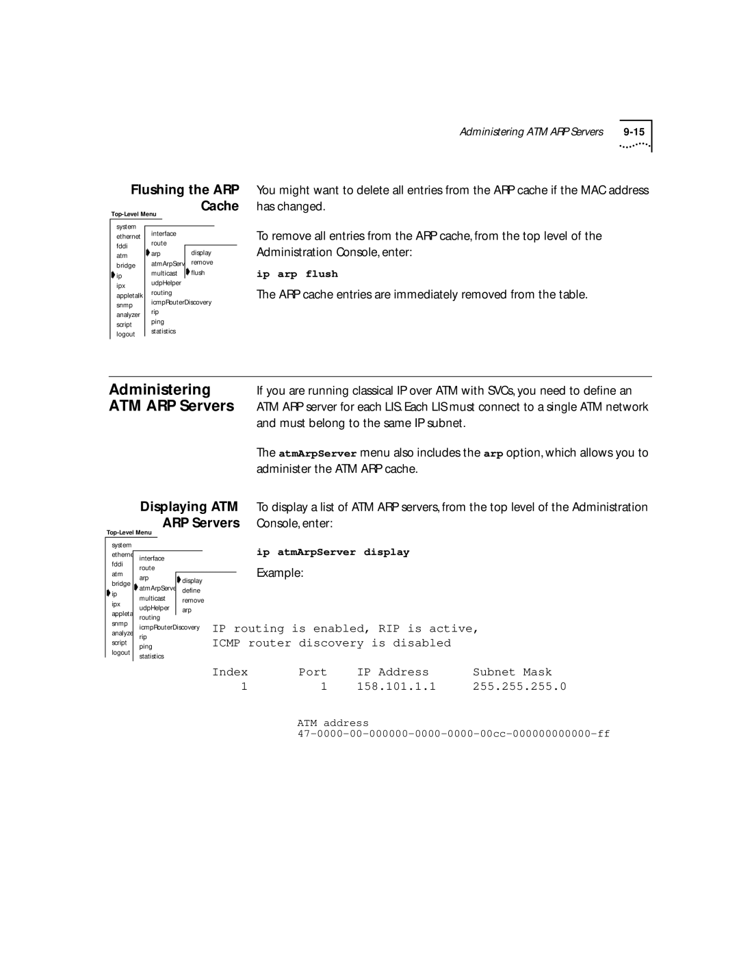 3Com 2500 manual ATM ARP Servers, Flushing the ARP Cache, ARP cache entries are immediately removed from the table 