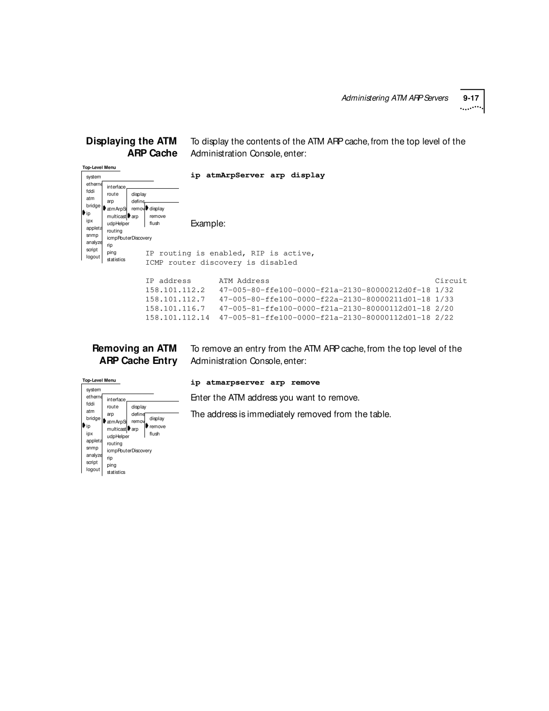 3Com 2500 manual Removing an ATM ARP Cache Entry, Ip atmArpServer arp Display 