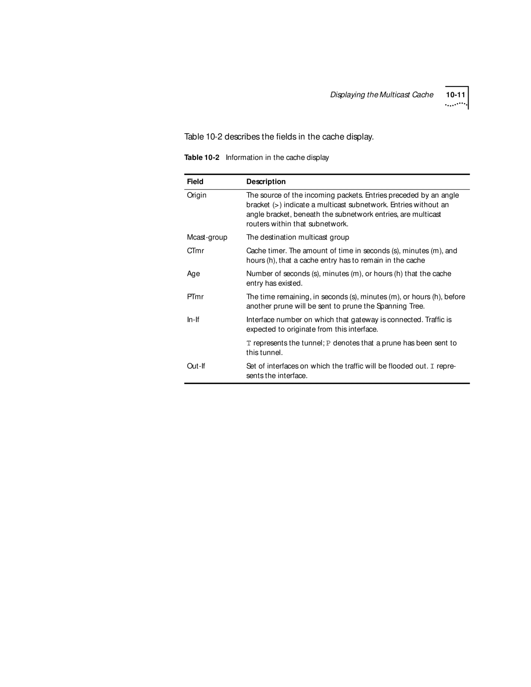 3Com 2500 manual Describes the ﬁelds in the cache display 