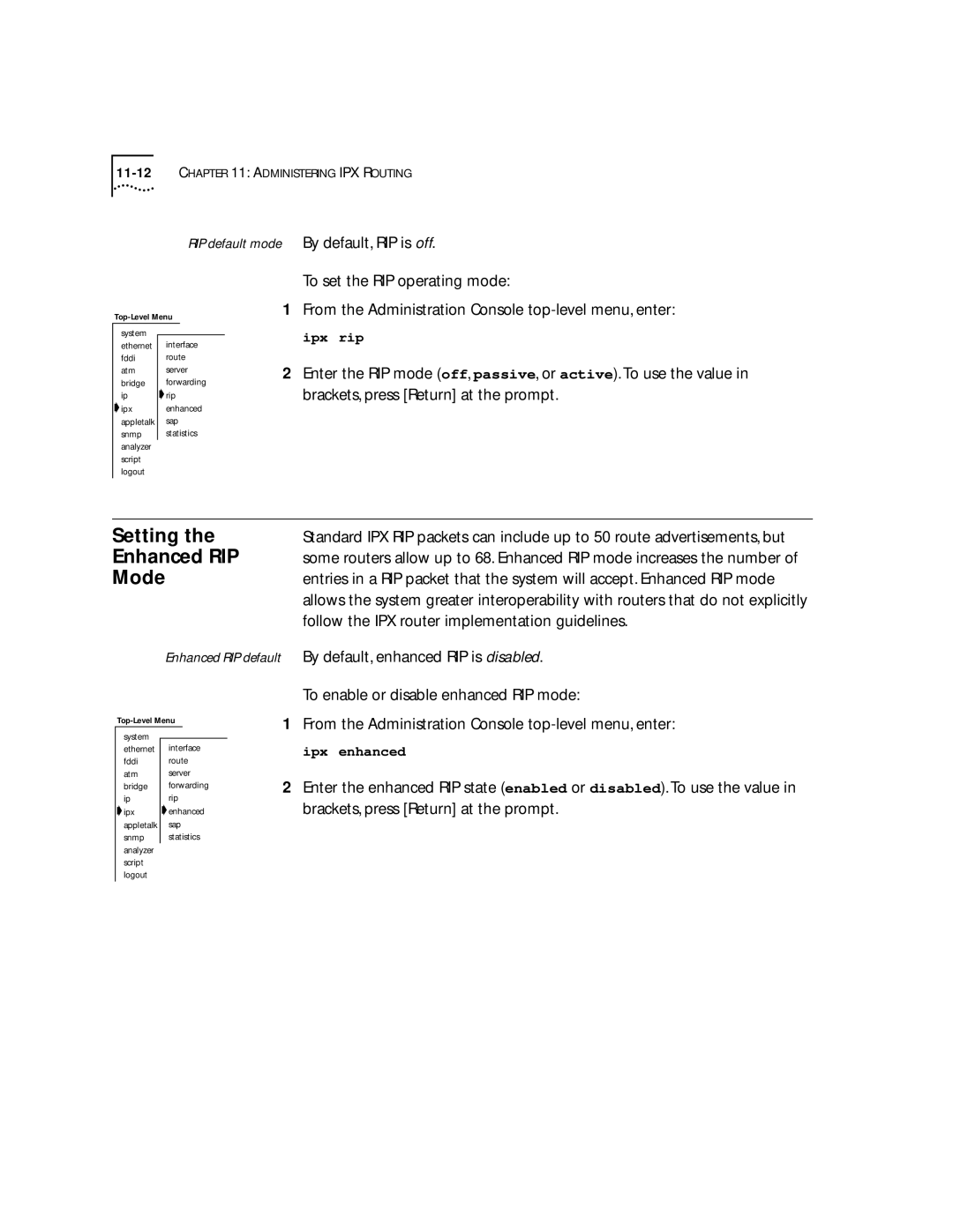 3Com 2500 Setting, Enhanced RIP, Follow the IPX router implementation guidelines, Brackets, press Return at the prompt 