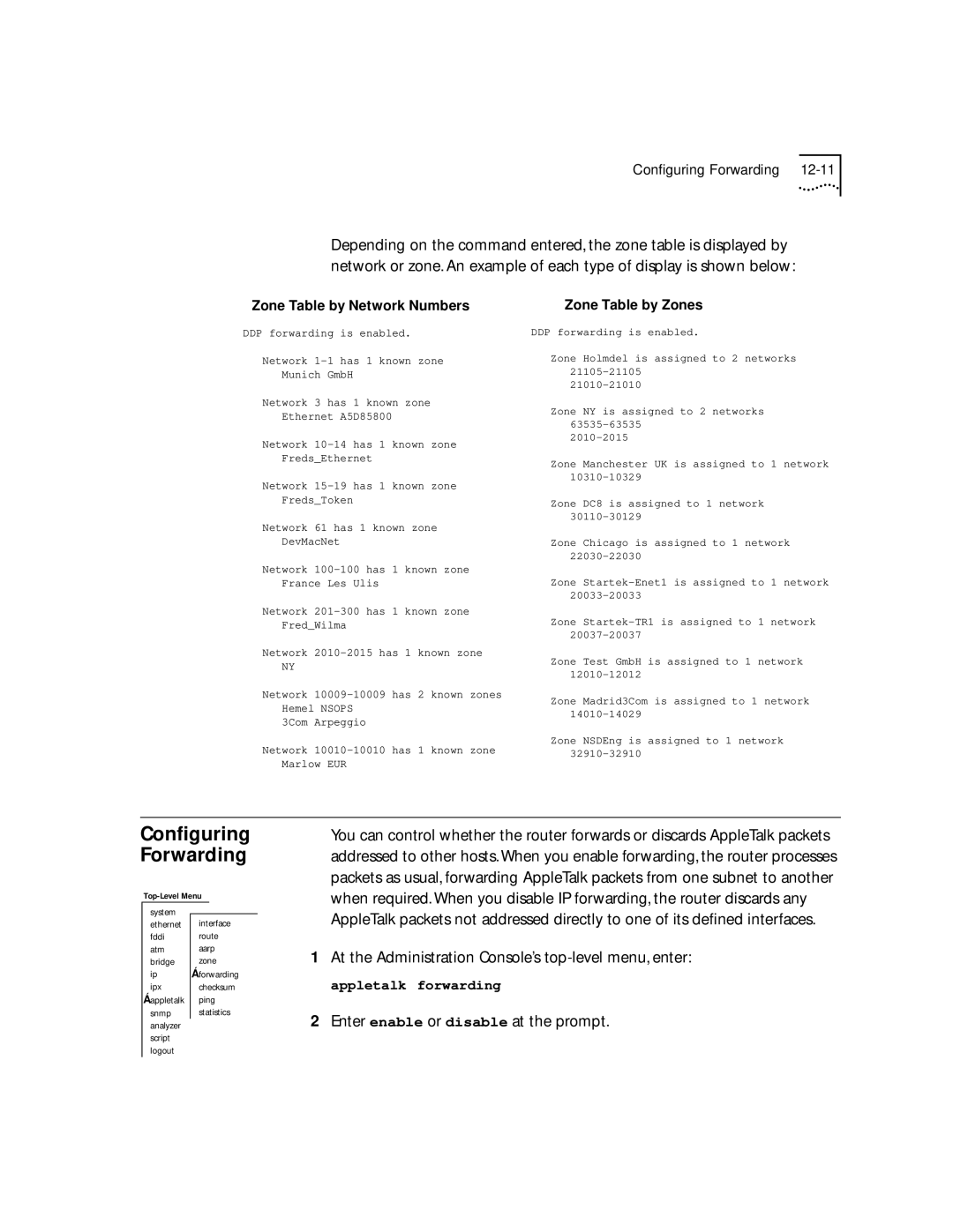 3Com 2500 manual Conﬁguring Forwarding, Enter enable or disable at the prompt, Zone Table by Zones 