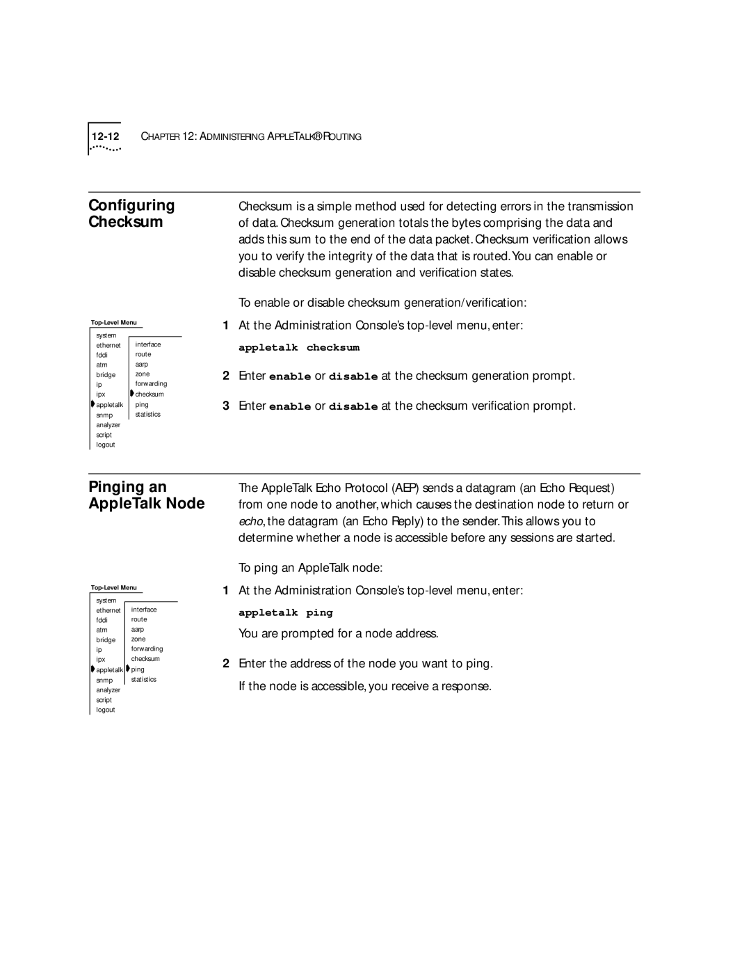 3Com 2500 manual Conﬁguring Checksum, Pinging an AppleTalk Node, You are prompted for a node address 