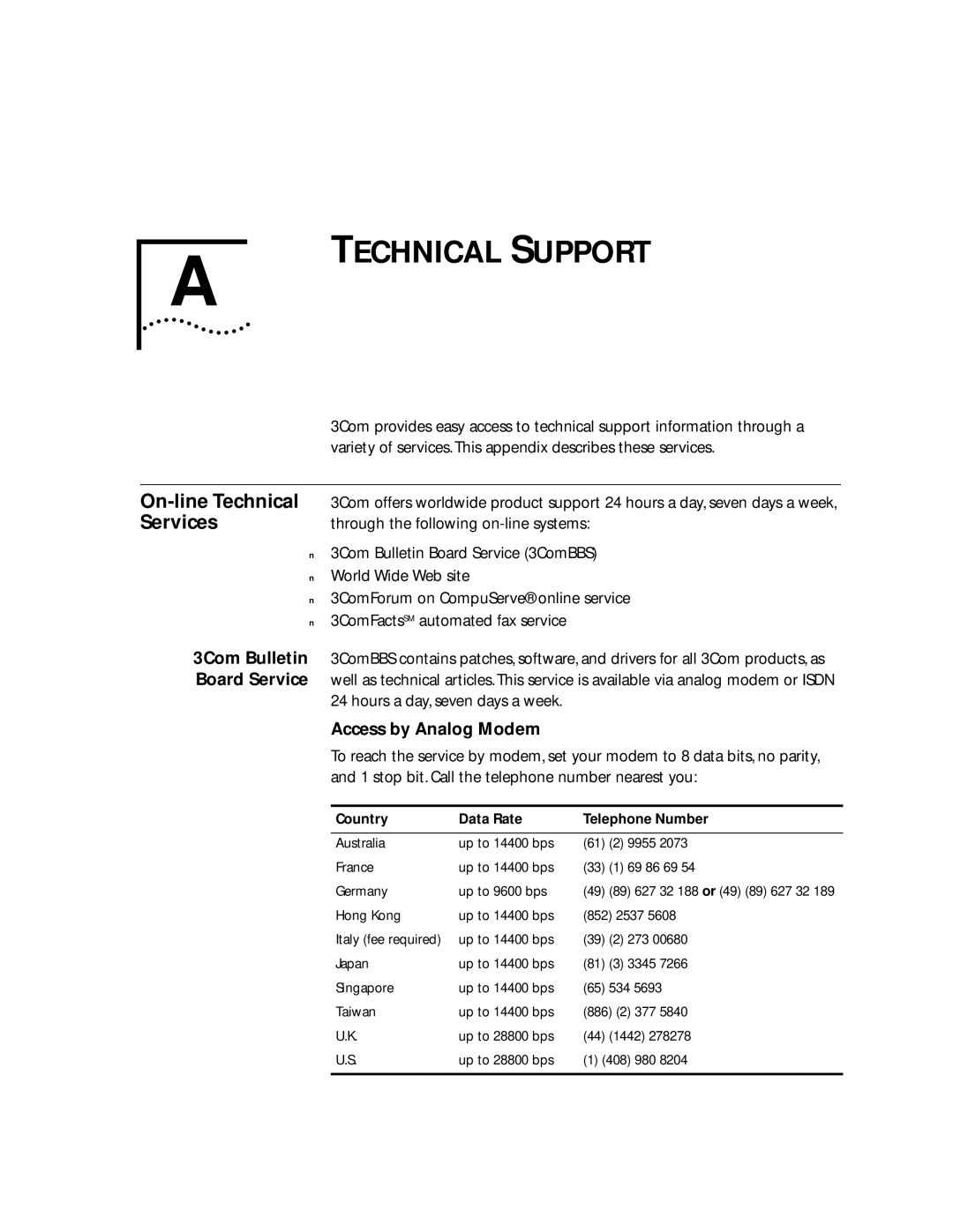 3Com 2500 Technical Support, On-line Technical, Services, Variety of services. This appendix describes these services 