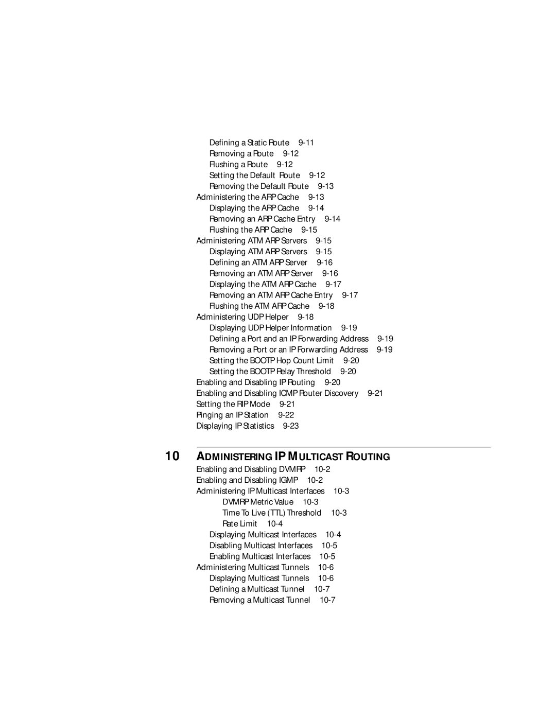 3Com 2500 manual Deﬁning a Static Route, Displaying the ATM ARP Cache, 10-2, 10-3, Rate Limit, 10-5, 10-6, 10-7 