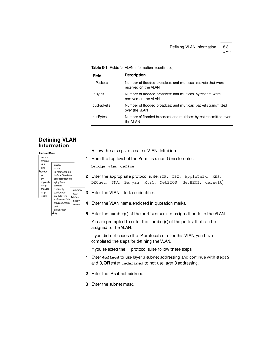 3Com 2500 manual Deﬁning Vlan Information 