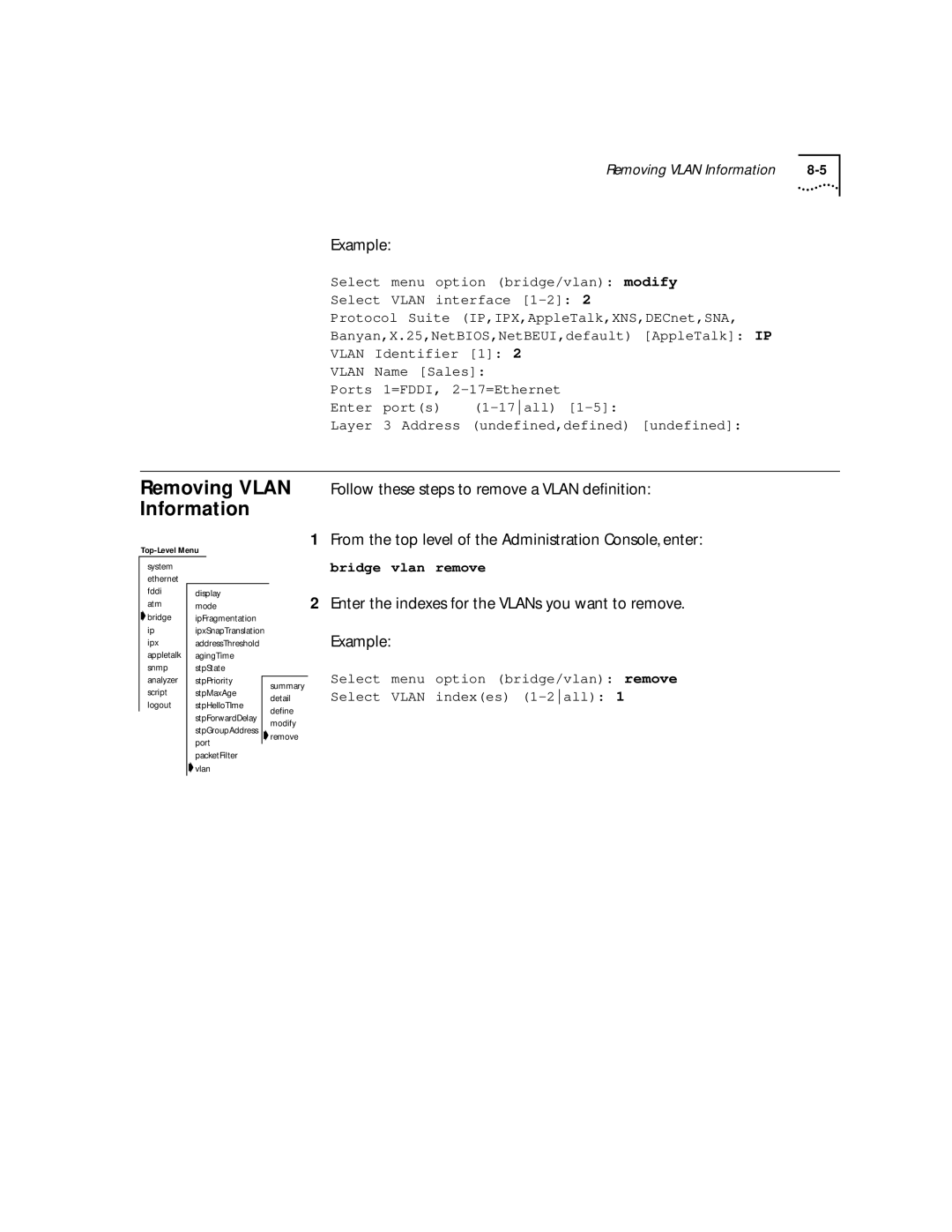 3Com 2500 manual Information, Removing Vlan Follow these steps to remove a Vlan deﬁnition 