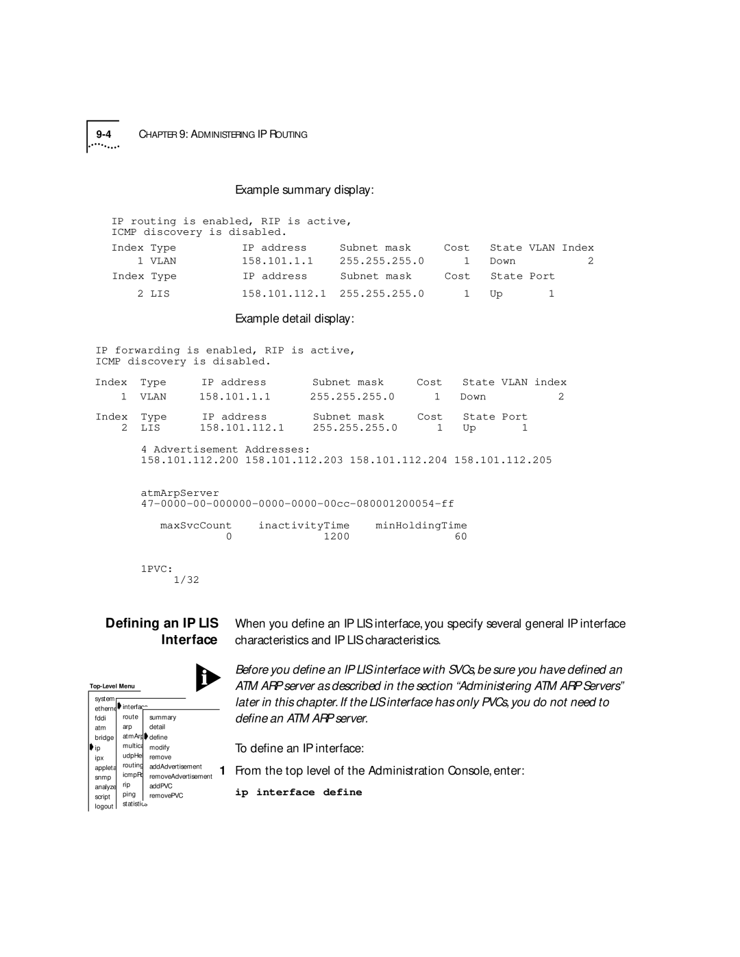 3Com 2500 manual Example summary display, Example detail display, Deﬁning an IP LIS Interface 