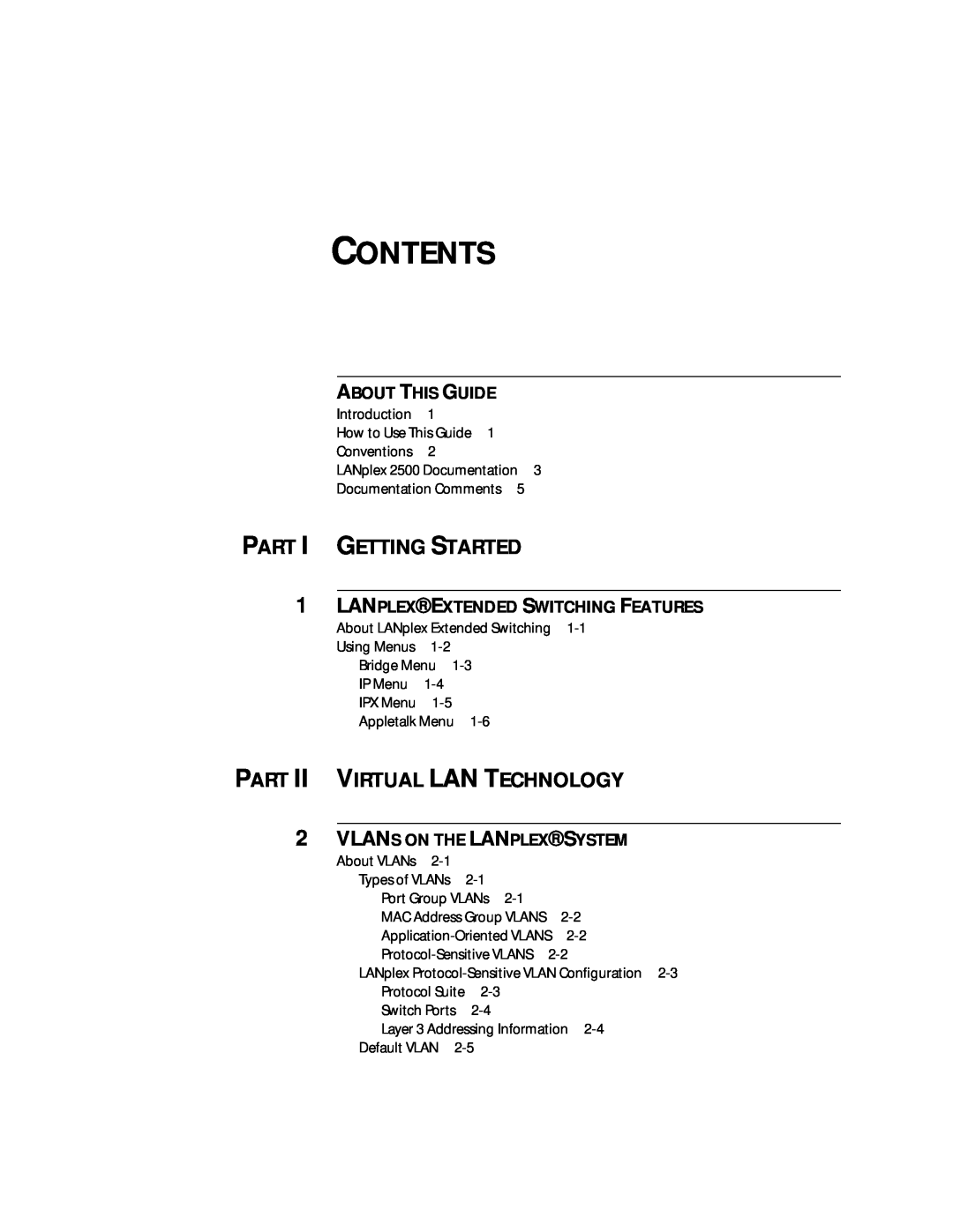 3Com 2500 Contents, Part I Getting Started, Part Ii Virtual Lan Technology, About This Guide, Vlans On The Lanplex System 