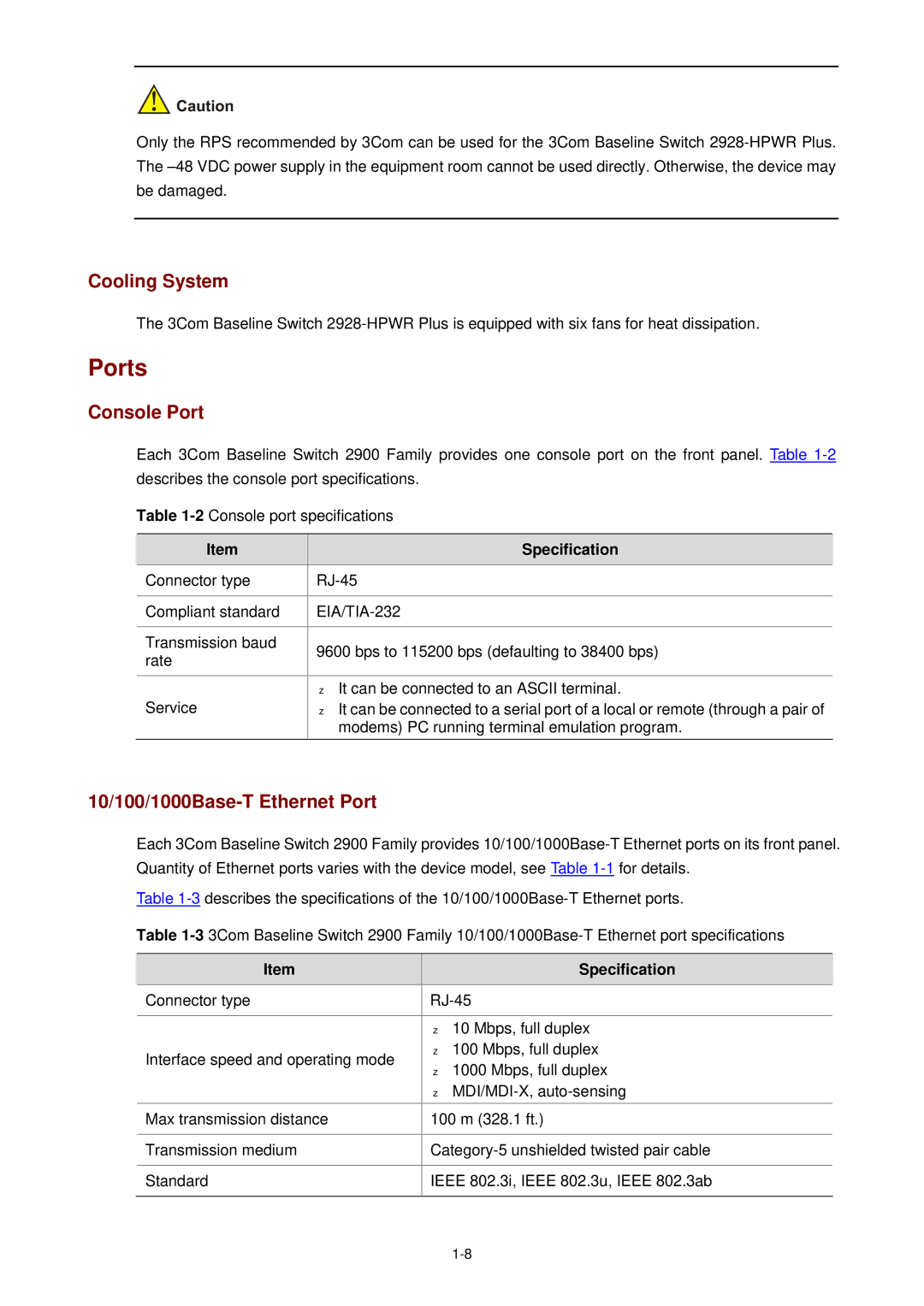 3Com 2900 manual Ports, Console Port, 10/100/1000Base-T Ethernet Port, Specification 