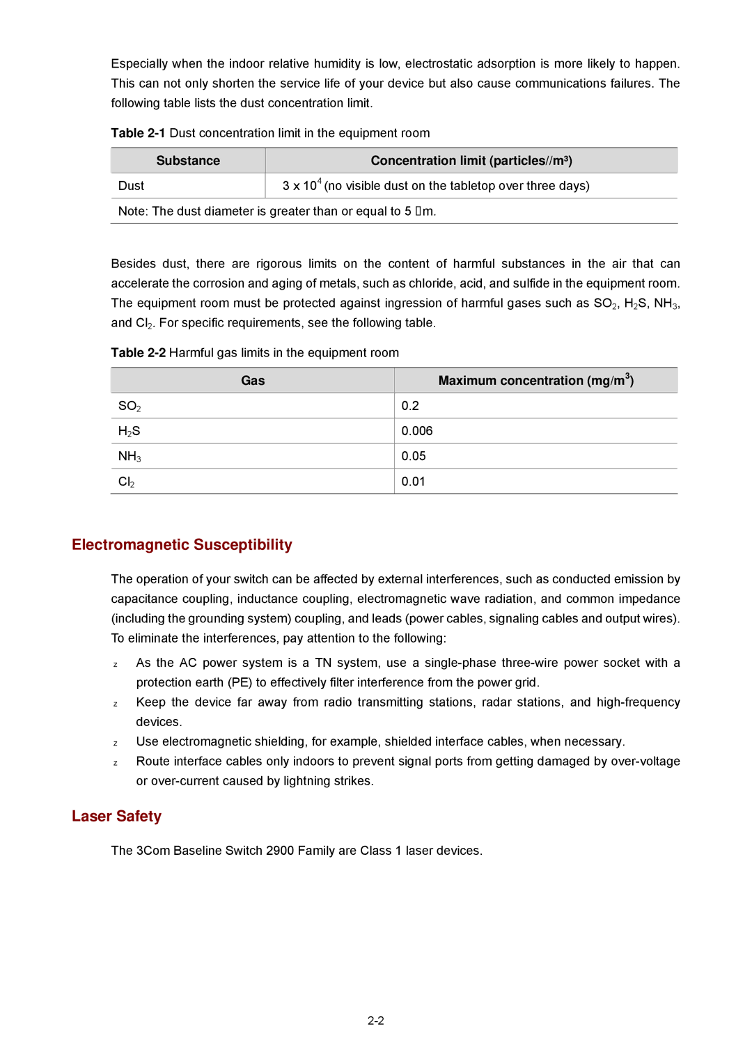 3Com 2900 manual Electromagnetic Susceptibility, Laser Safety, Dust concentration limit in the equipment room 