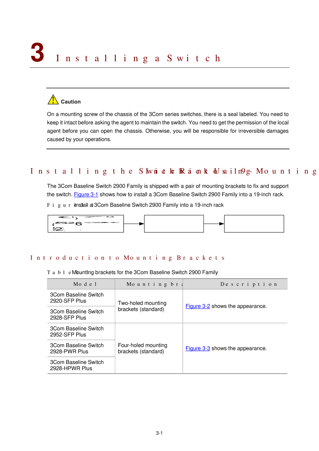 3Com 2900 manual Installing a Switch, Introduction to Mounting Brackets, Model Mounting bracket Description 