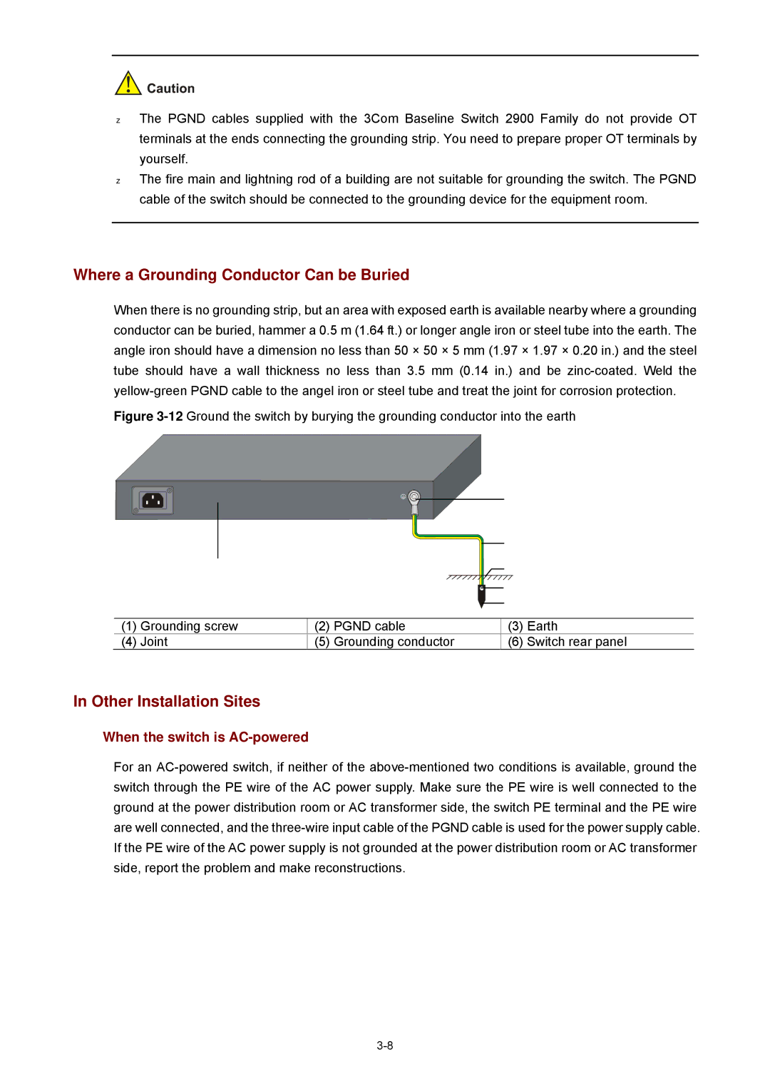 3Com 2900 manual Where a Grounding Conductor Can be Buried, Other Installation Sites, When the switch is AC-powered 