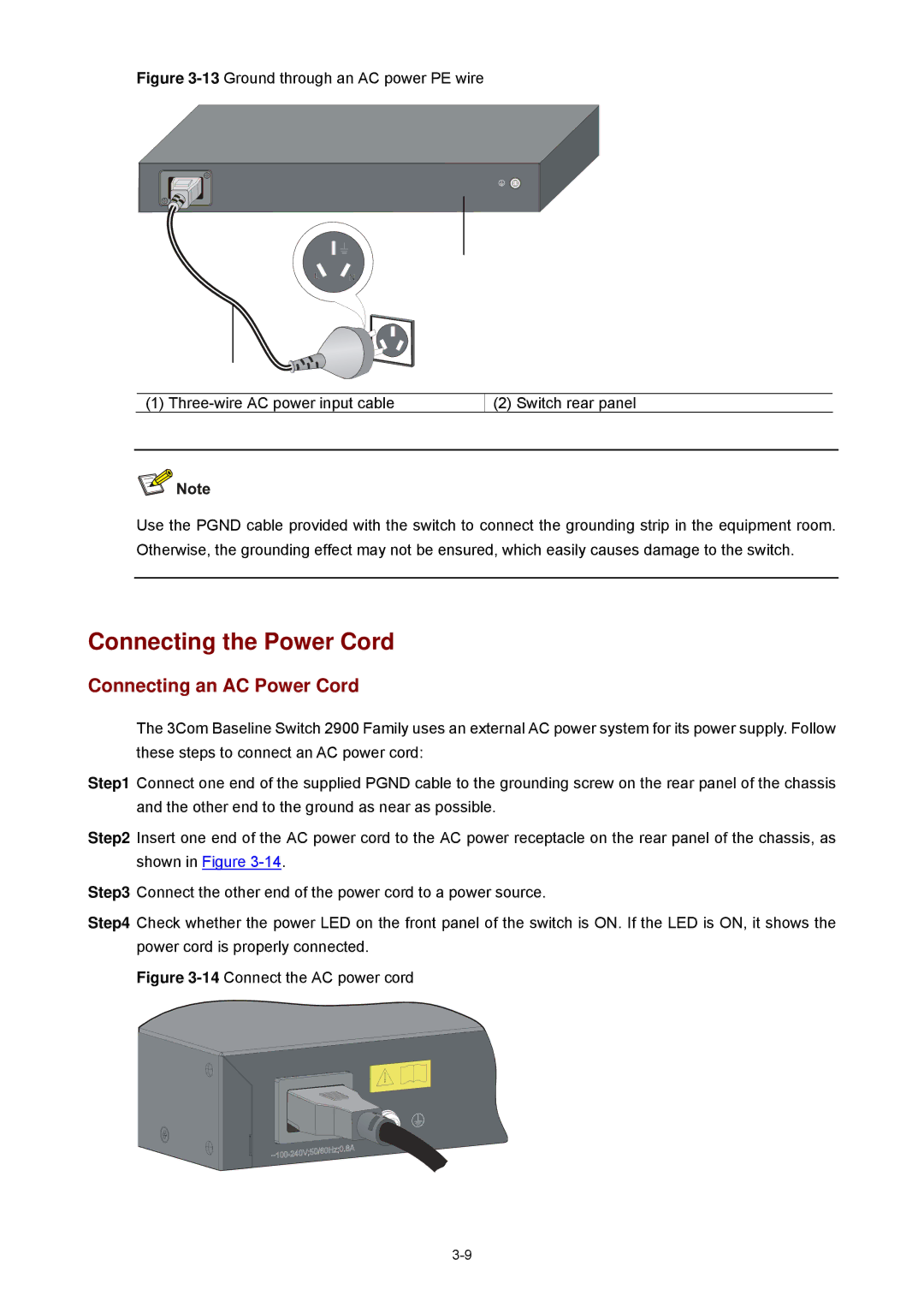 3Com 2900 manual Connecting the Power Cord, Connecting an AC Power Cord 