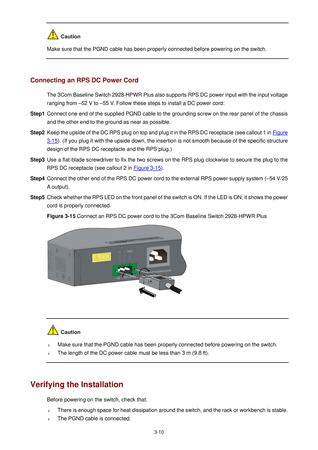 3Com 2900 manual Verifying the Installation, Connecting an RPS DC Power Cord 