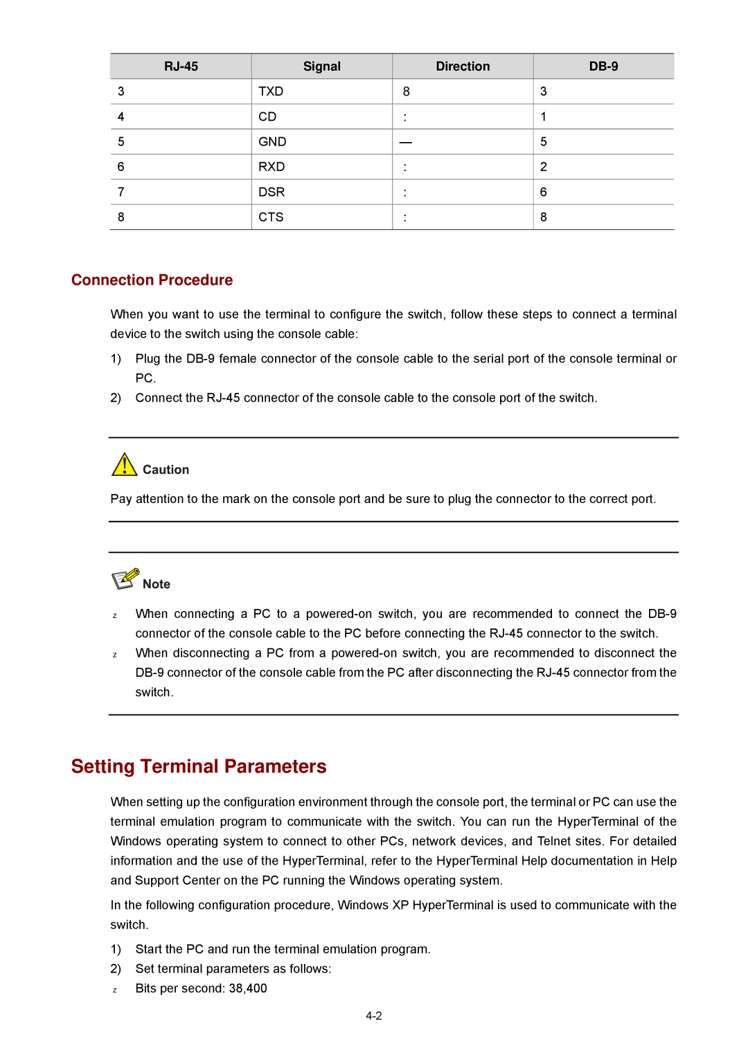 3Com 2900 manual Setting Terminal Parameters, Connection Procedure 