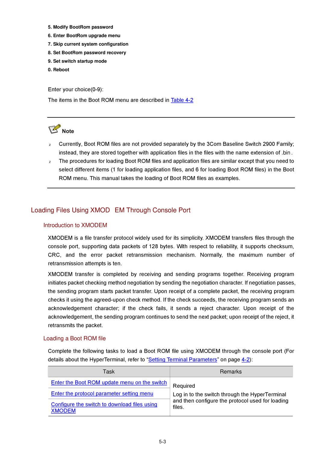 3Com 2900 manual Loading Files Using Xmodem Through Console Port, Introduction to Xmodem, Loading a Boot ROM file 