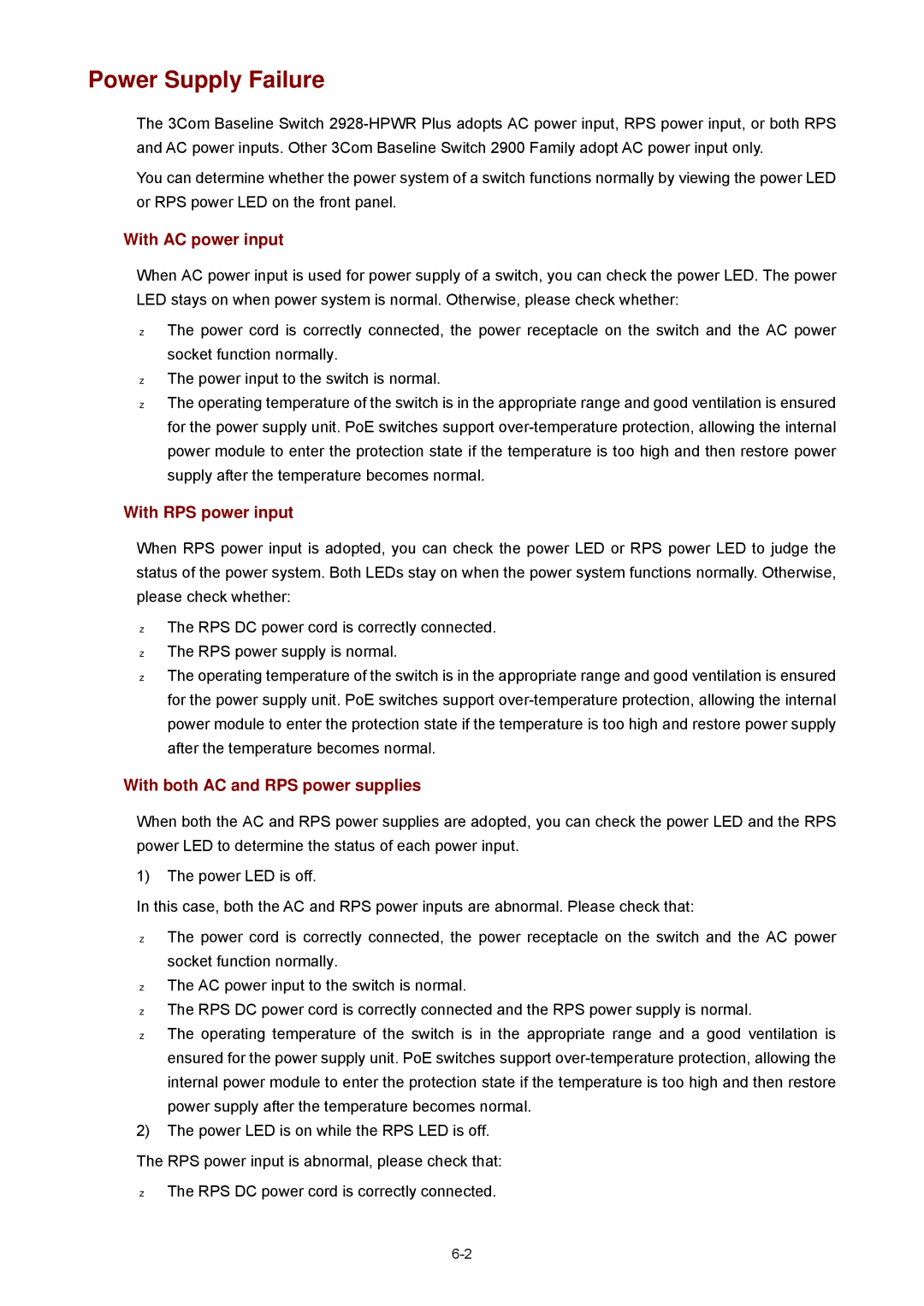 3Com 2900 manual Power Supply Failure, With AC power input, With RPS power input, With both AC and RPS power supplies 
