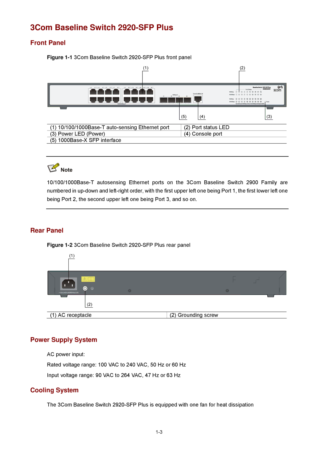 3Com 2900 manual 3Com Baseline Switch 2920-SFP Plus, Front Panel, Rear Panel, Power Supply System, Cooling System 