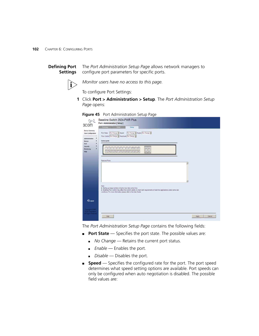 3Com 2924-PWR manual To configure Port Settings, Port Administration Setup 